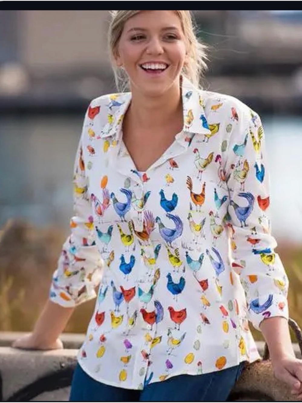 Jill McGowan Rooster Print Button Down Shirt Size Small Cotton USA Cottagecore